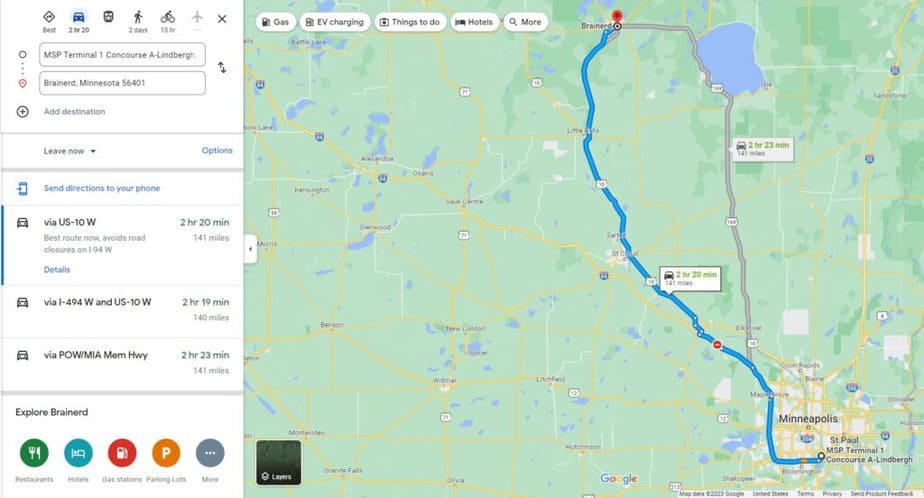 Map of ride between Brainerd and MSP