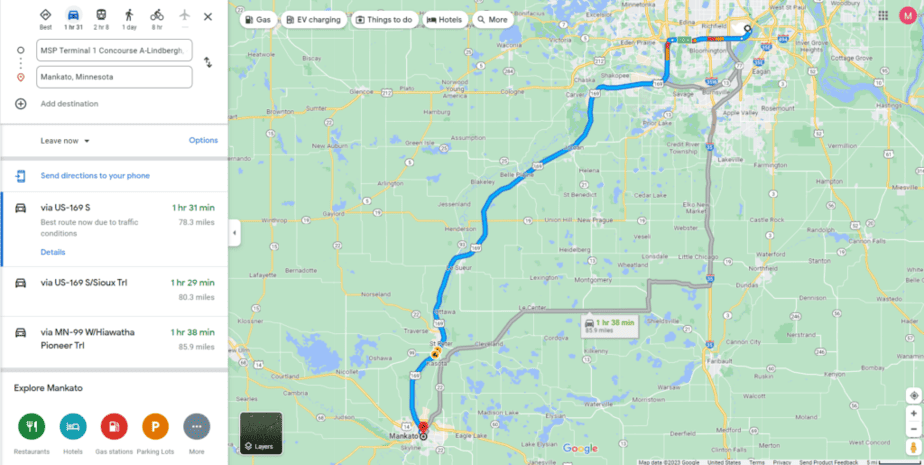 Mankato to Minneapolis map