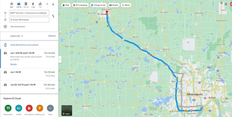 Map of the route between St Cloud, MN and MSP