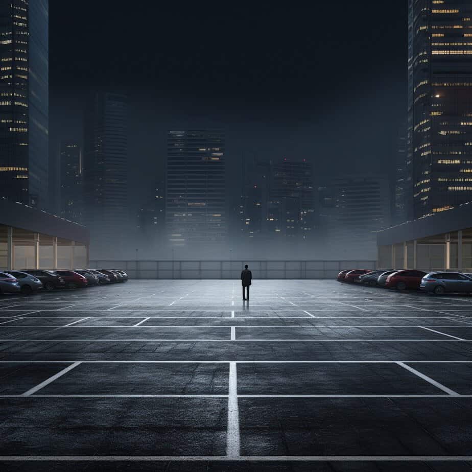Man walking alone in a parking lot at night in a Minneapolis parking lot